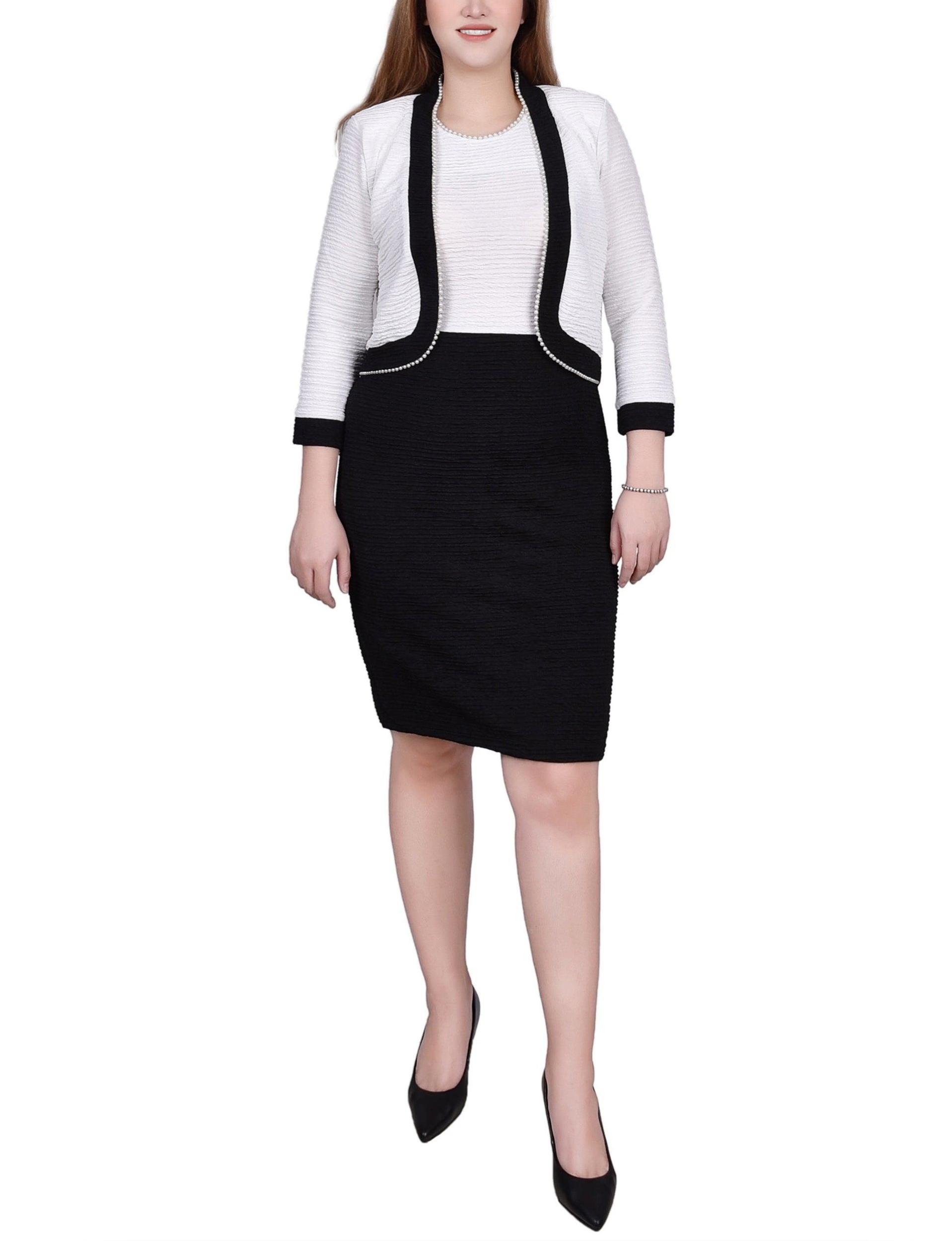 Black White 3/4 Sleeve Textured Knit 2 Piece Dress Set Product Image