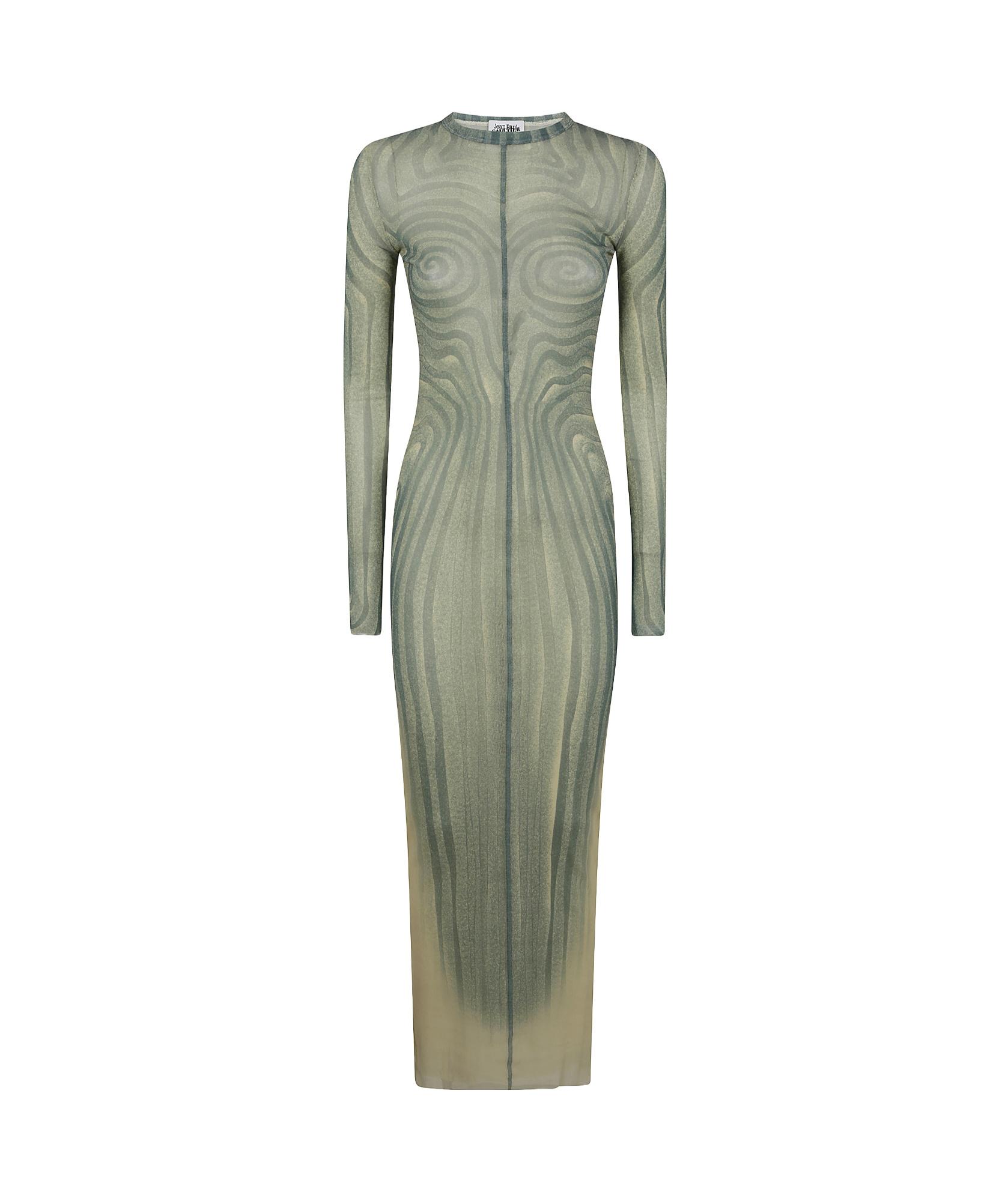JEAN PAUL GAULTIER Mesh Long Dress With Spiral Print And Ruffles In Beige Product Image