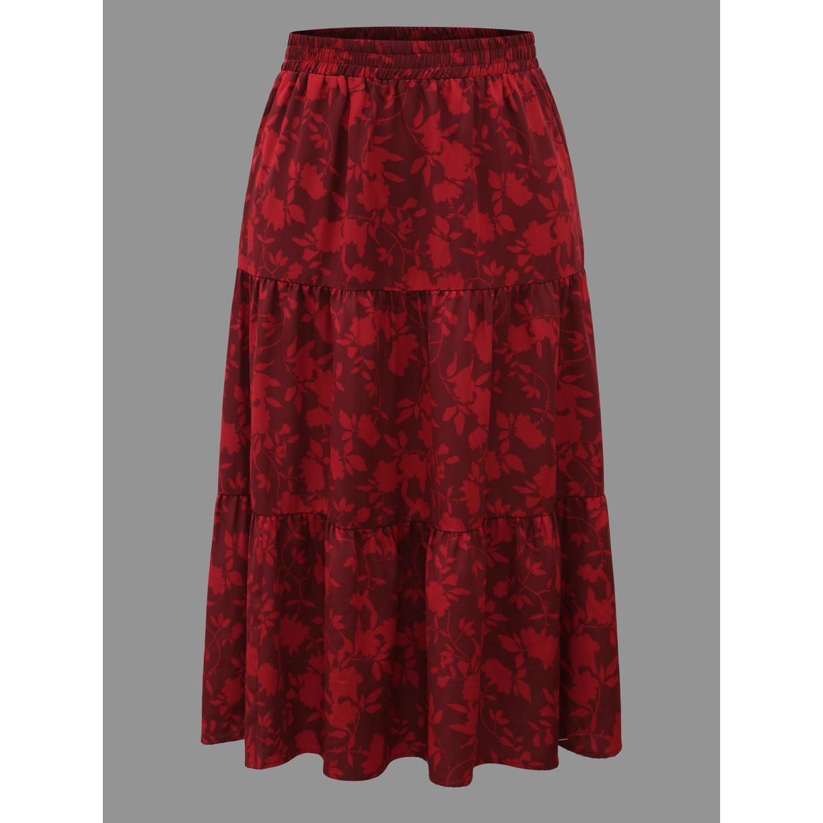 Plus Size Silhouette Floral Print Ruffle Layered Hem Skirt Women Deepred Elegant Loose Low stretch Side seam pocket Everyday Skirts BloomChic 18-20/2X Product Image