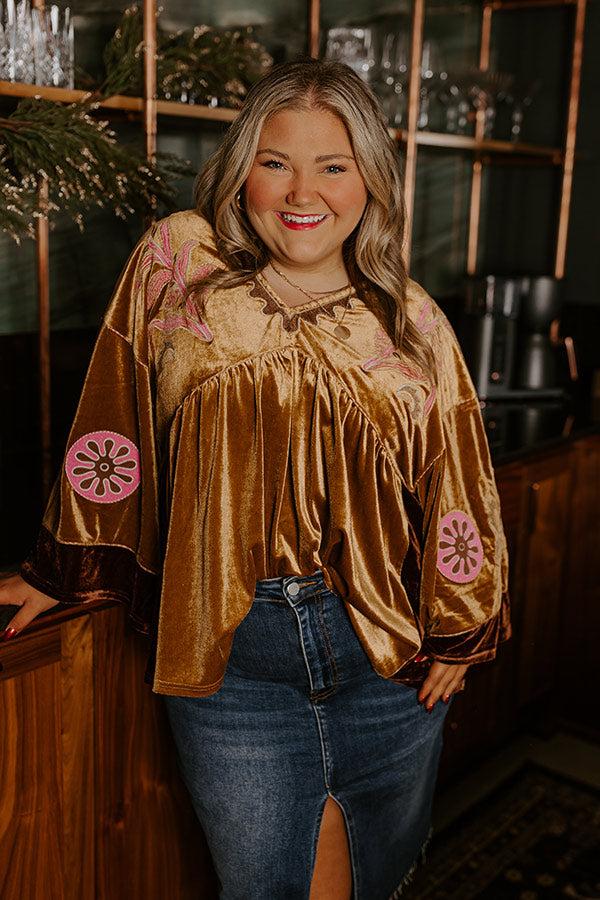 Feeling Boho Embroidered Velvet Top in Mustard Curves Product Image