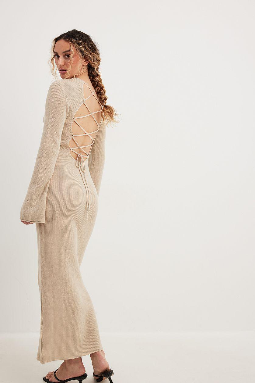 Open Back Lace Detail Knitted Maxi Dress Beige Product Image