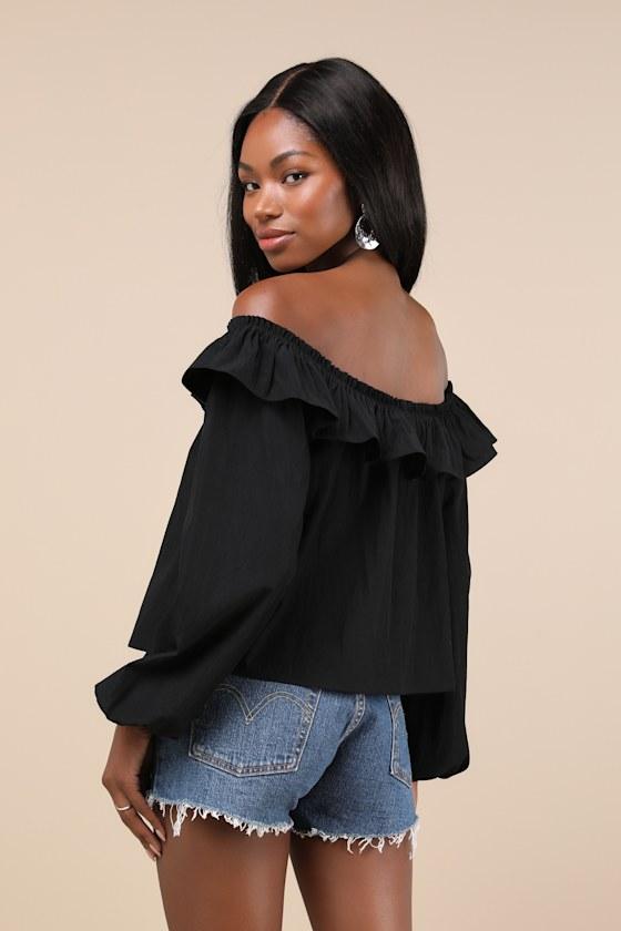 Dreamy Perception Black Ruffled Long Sleeve Off-the-Shoulder Top Product Image