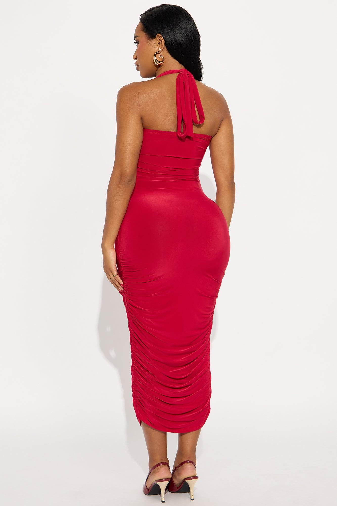 Rhea Ruched Halter Midi Dress - Red Female Product Image