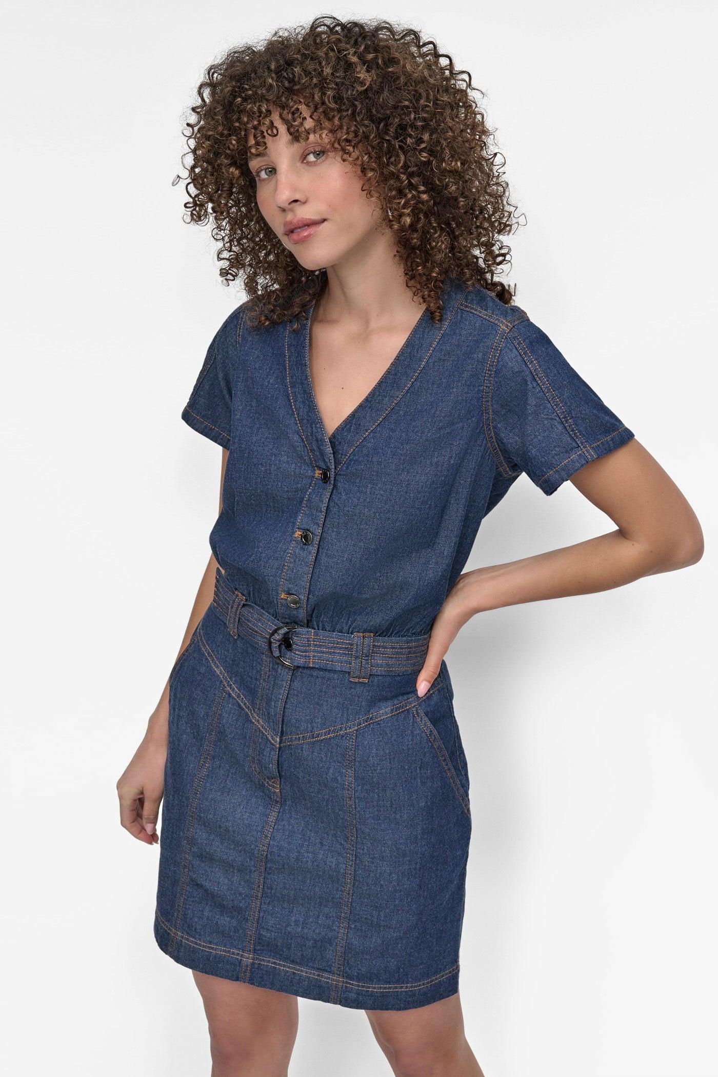 BUTTON FRONT DENIM MINI DRESS Product Image
