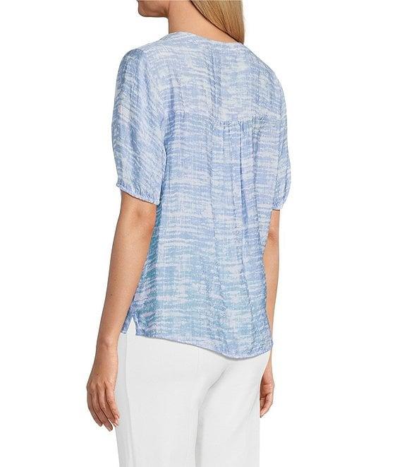 Slim Factor By Investments Julia Forever Blue Vintage Texture Print V-Neck Short Sleeve Top Product Image