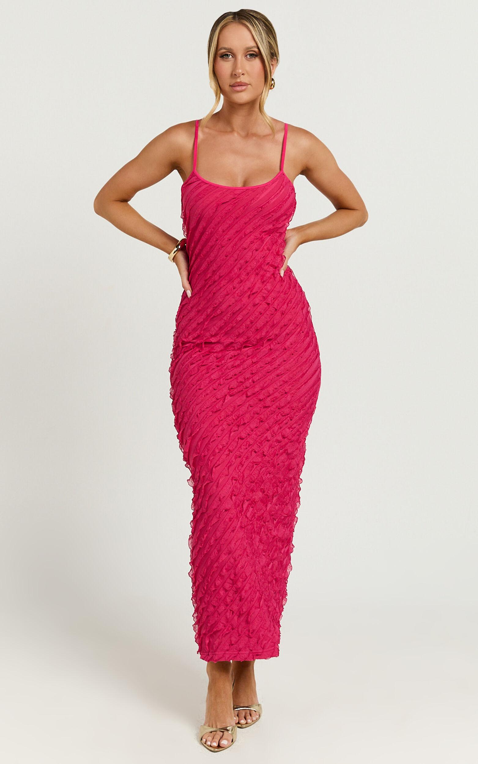 Lilibeth Midi Dress - Strappy Frill Detail Slip Dress in Pink Product Image