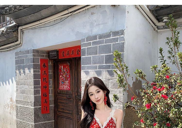 Spaghetti Strap Floral Lace Trim Midi A-Line Sundress Product Image