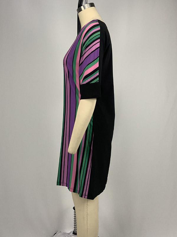 A-Line Half Sleeves Asymmetric Contrast Color Striped Round-Neck Mini Dresses Product Image