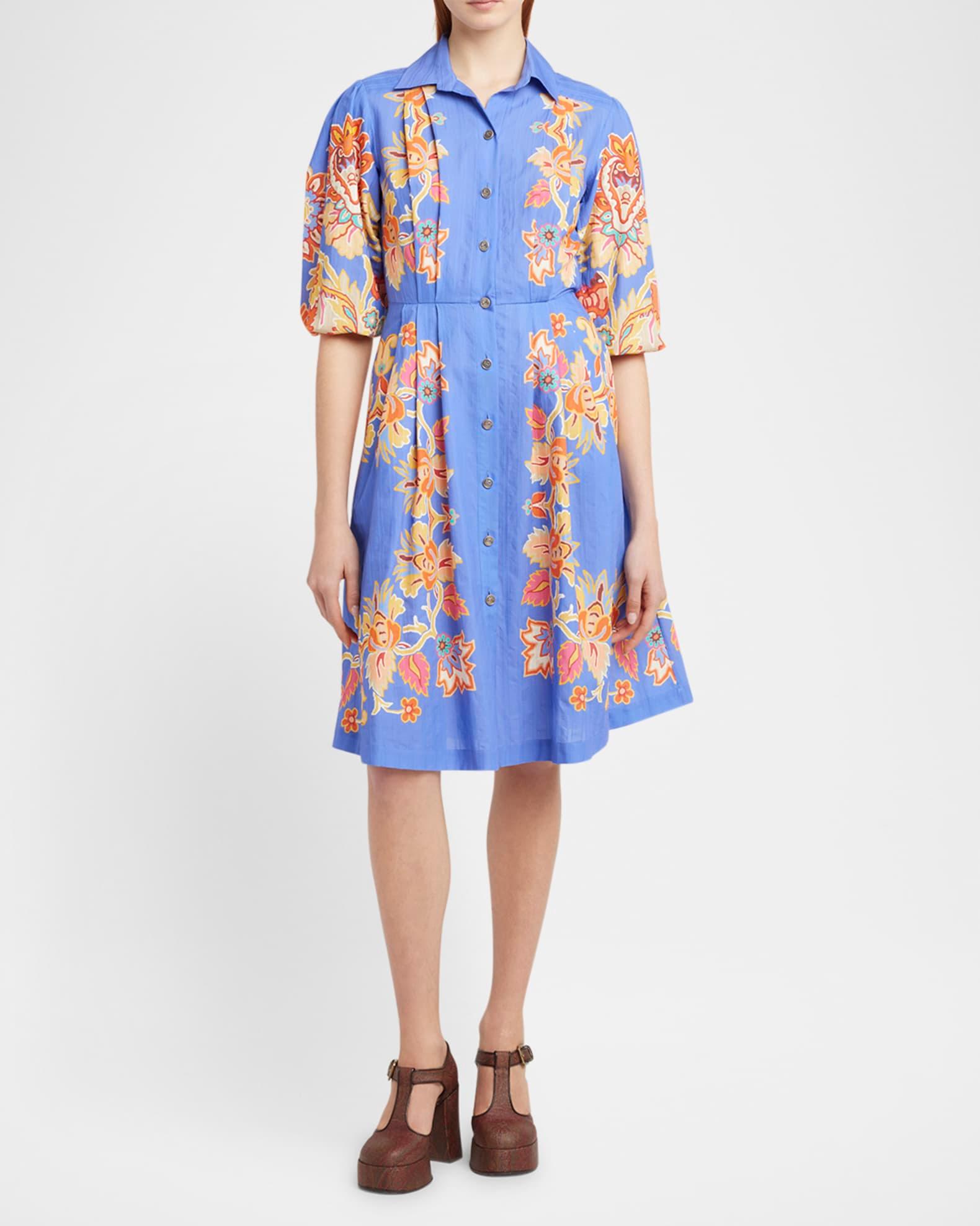 Pleated Blue Bouquet Puff-Sleeve Shirtdress Product Image