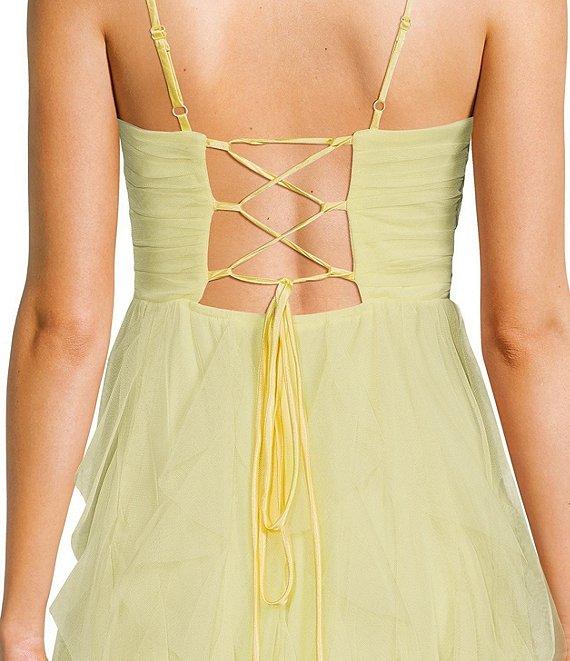 Pear Culture V-Neck Lace-Up Back Mesh Ruffle Dress Product Image