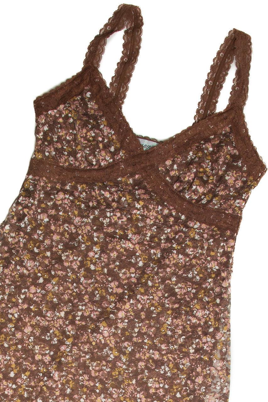 Brown Lace Trim Printed Midi Dress Product Image