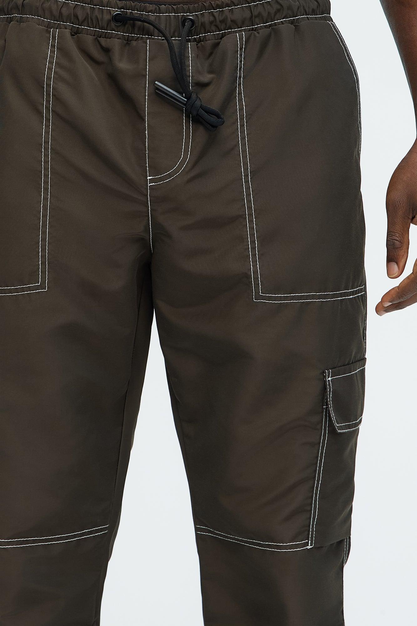 Contrast Stitch Nylon Flared Cargo Pants - Brown Product Image