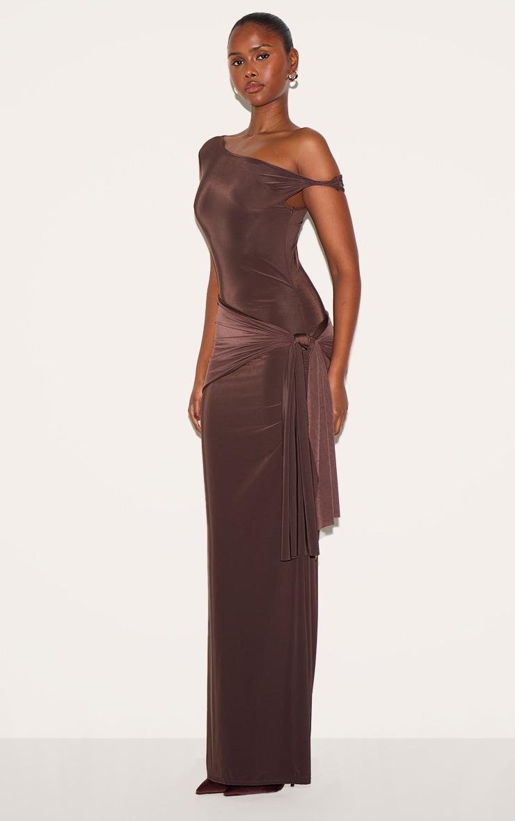 Chocolate Slinky Off Shoulder Wrap Detail Maxi Dress Product Image