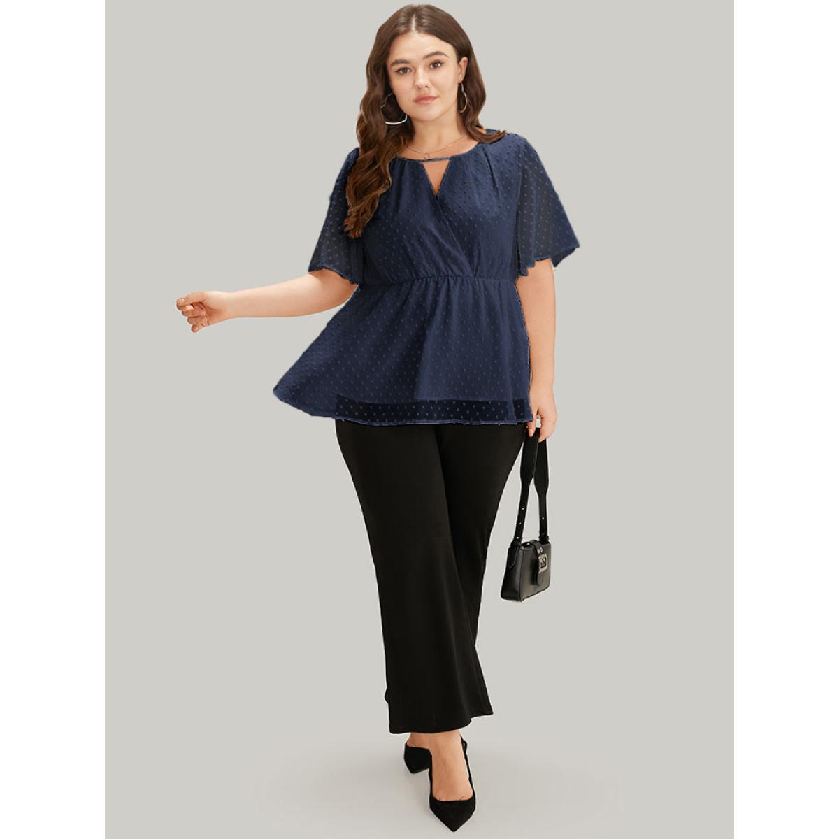 Plus Size Indigo Polka Dot Keyhole Mesh Gathered Flutter Sleeve Blouse Women Office Short sleeve V-neck Work Blouses BloomChic 18-20/2X Product Image