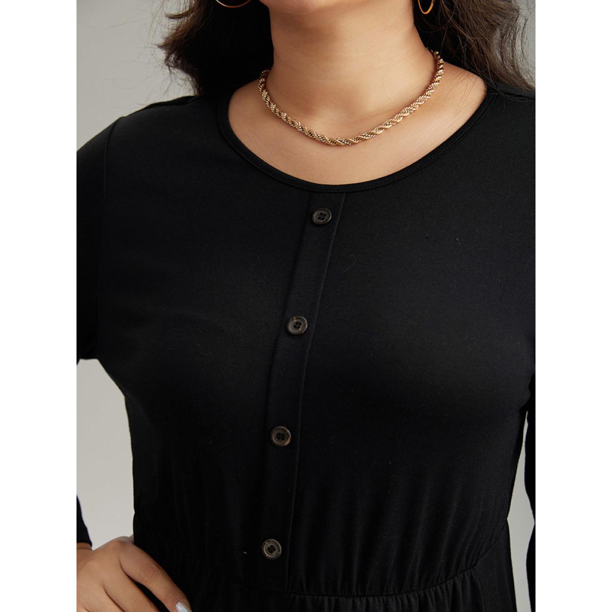 Plus Size Supersoft Essentials Solid Button Detail Dress Black Women Casual Plain Round Neck Long Sleeve Curvy Midi Dress BloomChic 14-16/1X Product Image