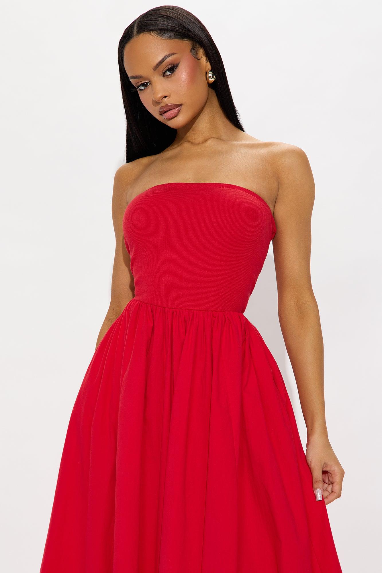 Lula Poplin Strapless Midi Dress - Tomato Red Product Image