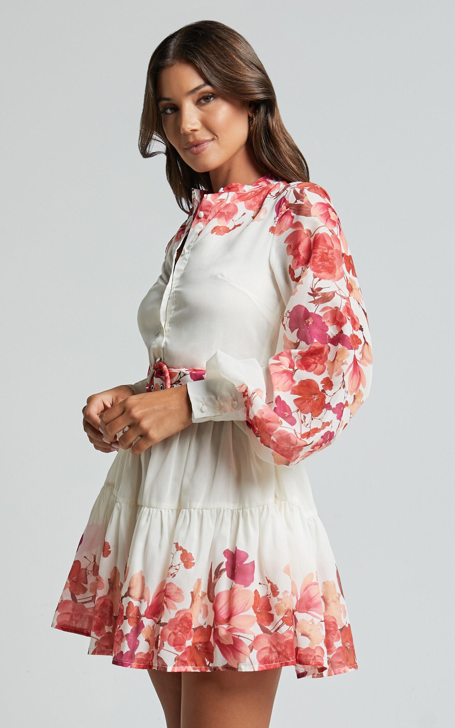 Becky Mini Dress - Long Bishop Sleeve Tiered Dress in Wildflower Print Product Image