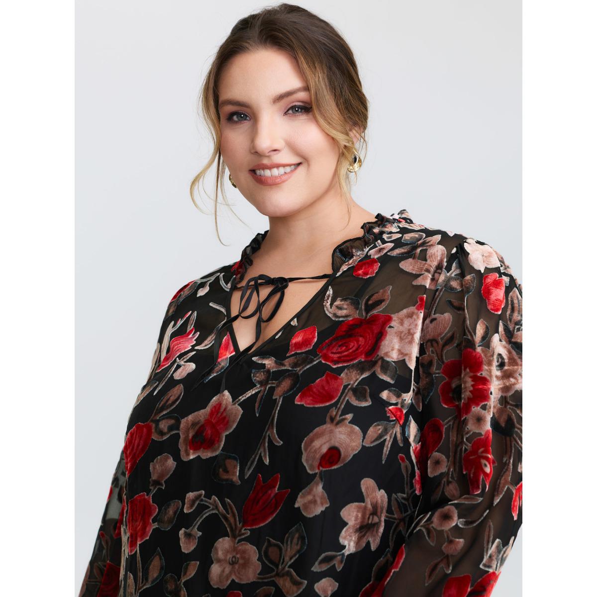 Plus Size Black Flock Floral Ruffled Cuff Blouse Women Romantic Extra Long Sleeve Deep V-neck Elegant Blouses BloomChic 12/L Product Image