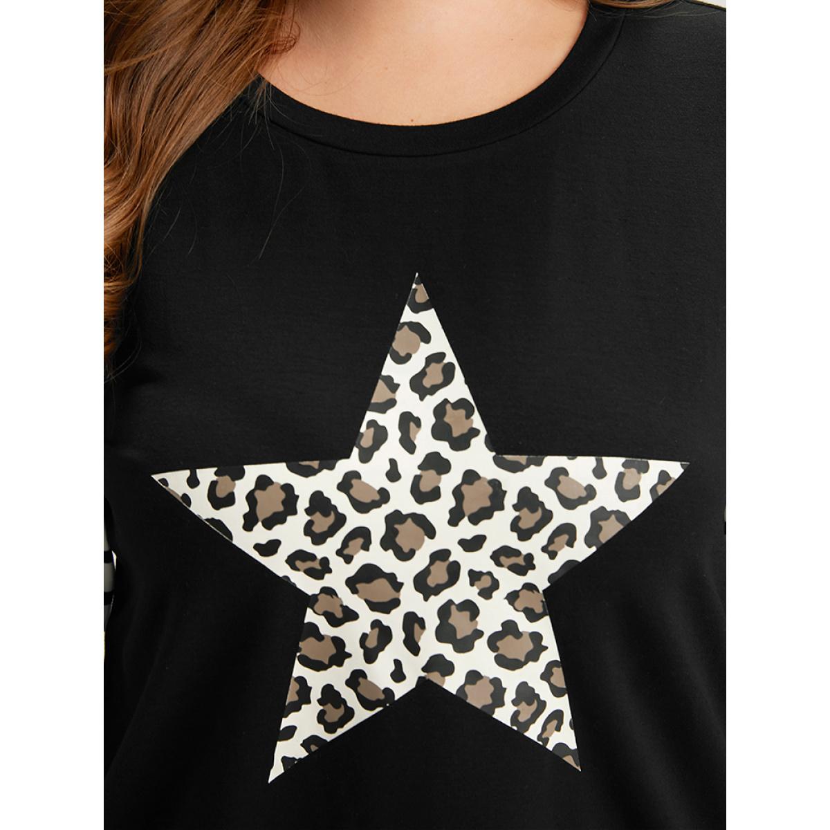 Plus Size Star Leopard Print Striped Patchwork Crew Neck Sweatshirt Women Black Casual Elastic cuffs Dailywear Sweatshirts BloomChic 22-24/3X Product Image