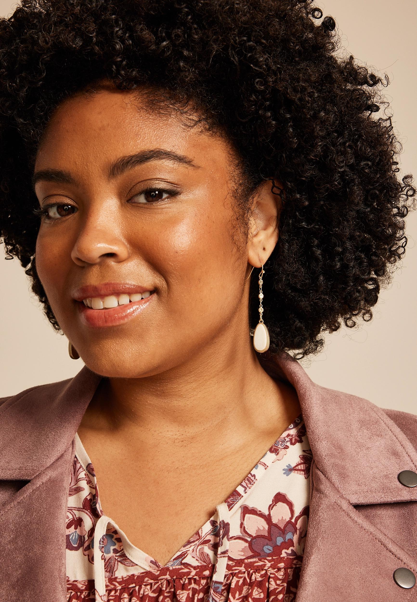 Gold And Cream Oval Stone Drop Earrings Product Image