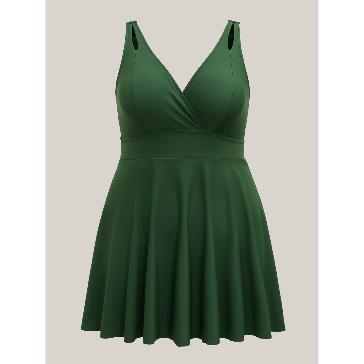 Plus Size Ruched Seams Cut-Out Swim Dress Women's Swimwear ArmyGreen Beach Bodycon Overlap Collar High stretch Curve Swim Dresses BloomChic 14-16/1X Product Image