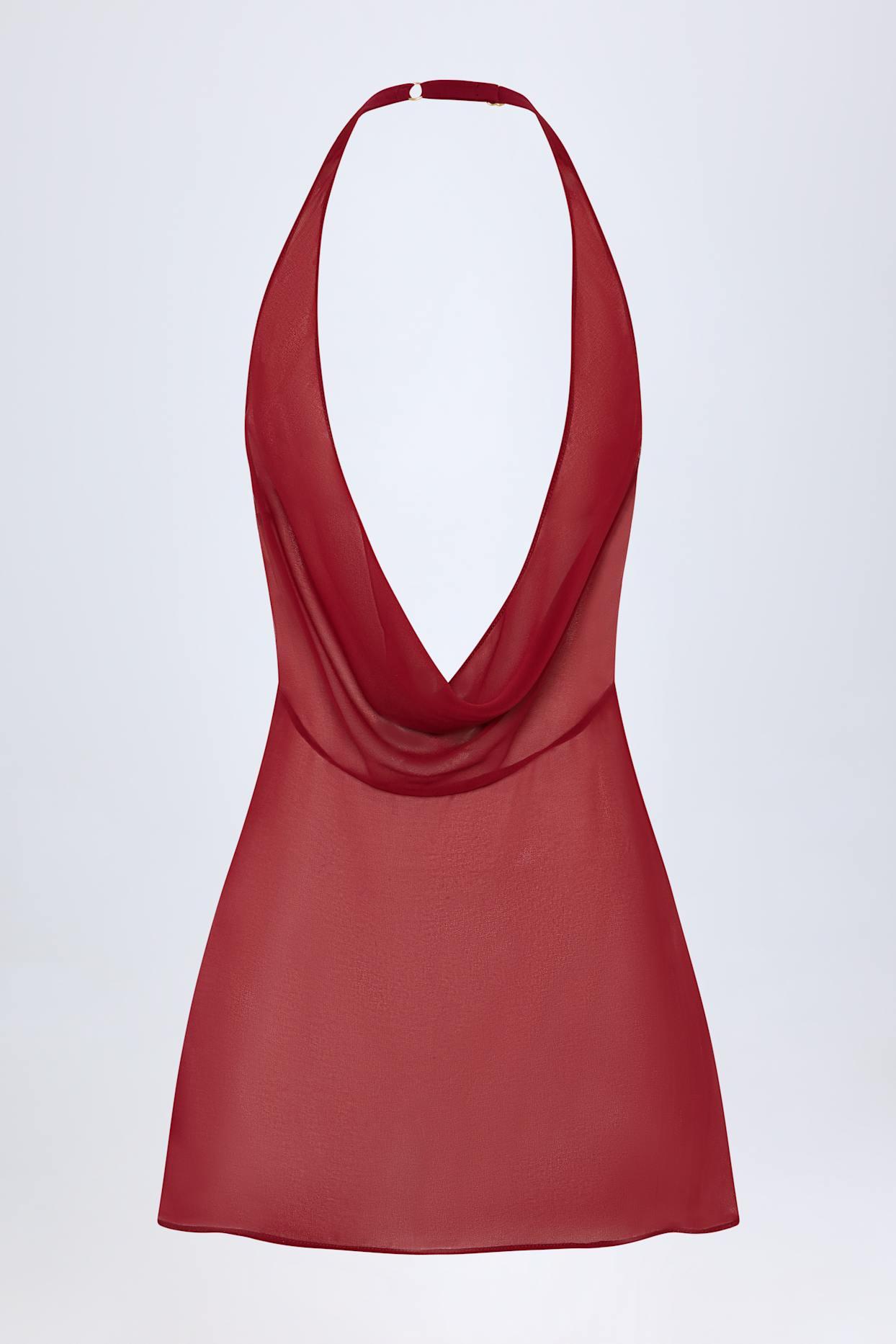 Cowl-Neck Backless Mini Dress in Dark Cherry Product Image