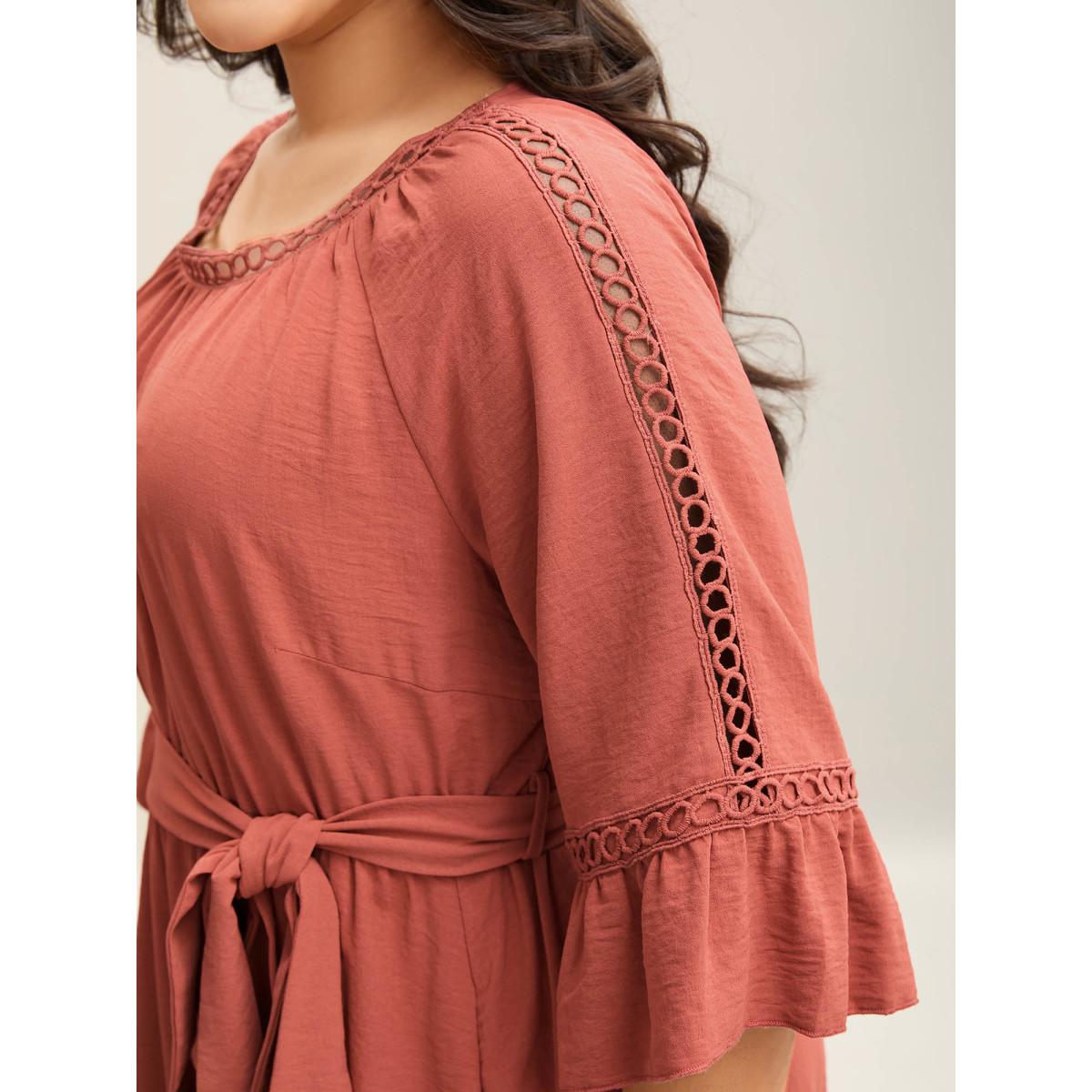 Plus Size Lace Waist-Tie Pockets Midi Dress Salmon Women Belted Round Neck Elbow-length sleeve Curvy BloomChic 22-24/3X Product Image