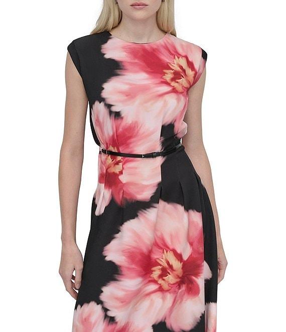 DKNY by Donna Karan Woven Floral Print Crew Neck Cap Sleeve Belted Fit and Flare Midi Dress Product Image