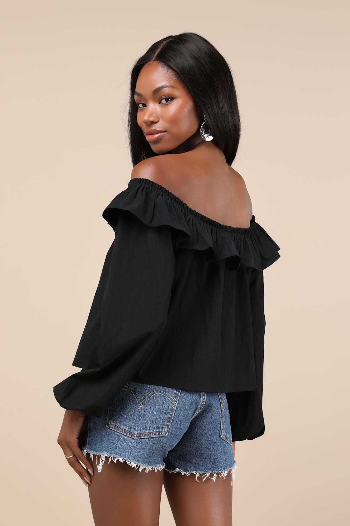 Dreamy Perception Black Ruffled Long Sleeve Off-the-Shoulder Top Product Image
