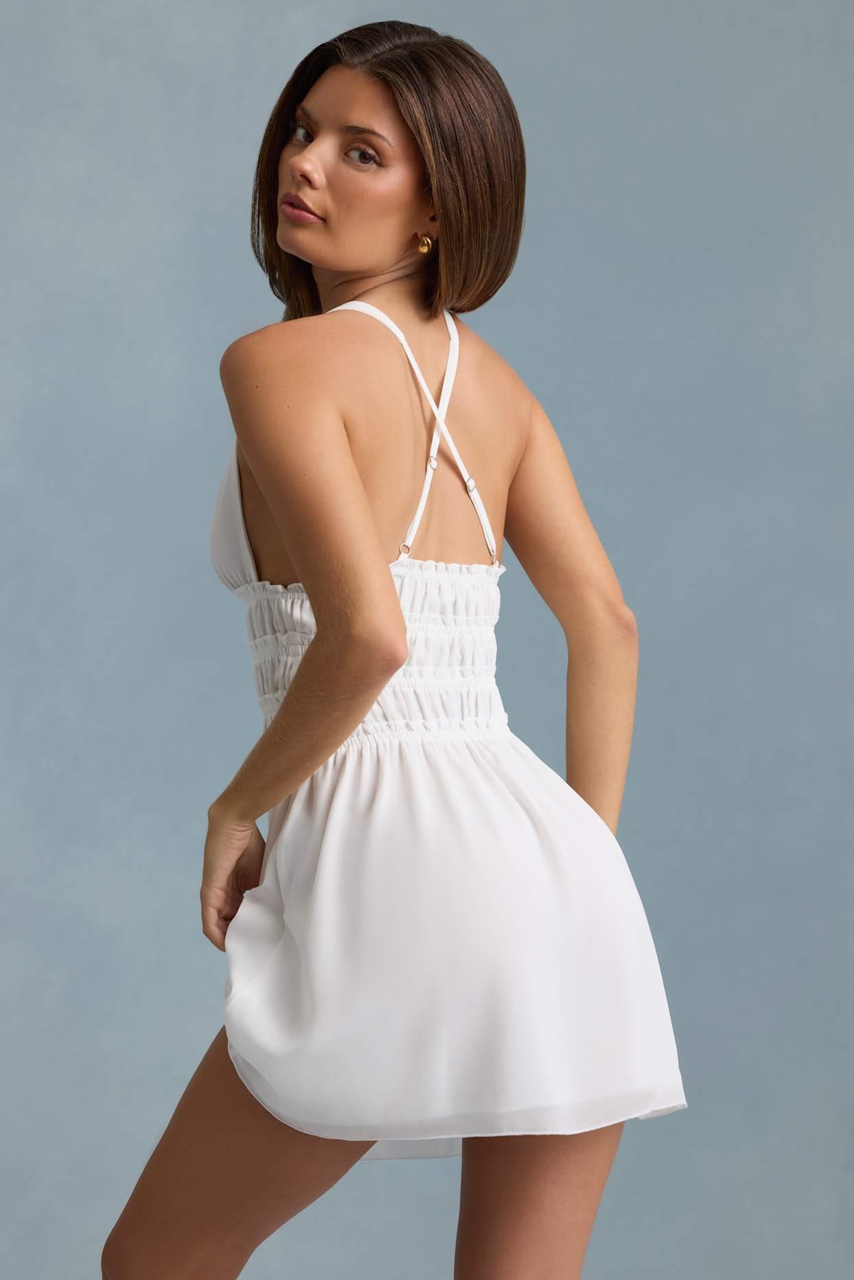 Plunge Cross-Back Mini Dress in White Product Image