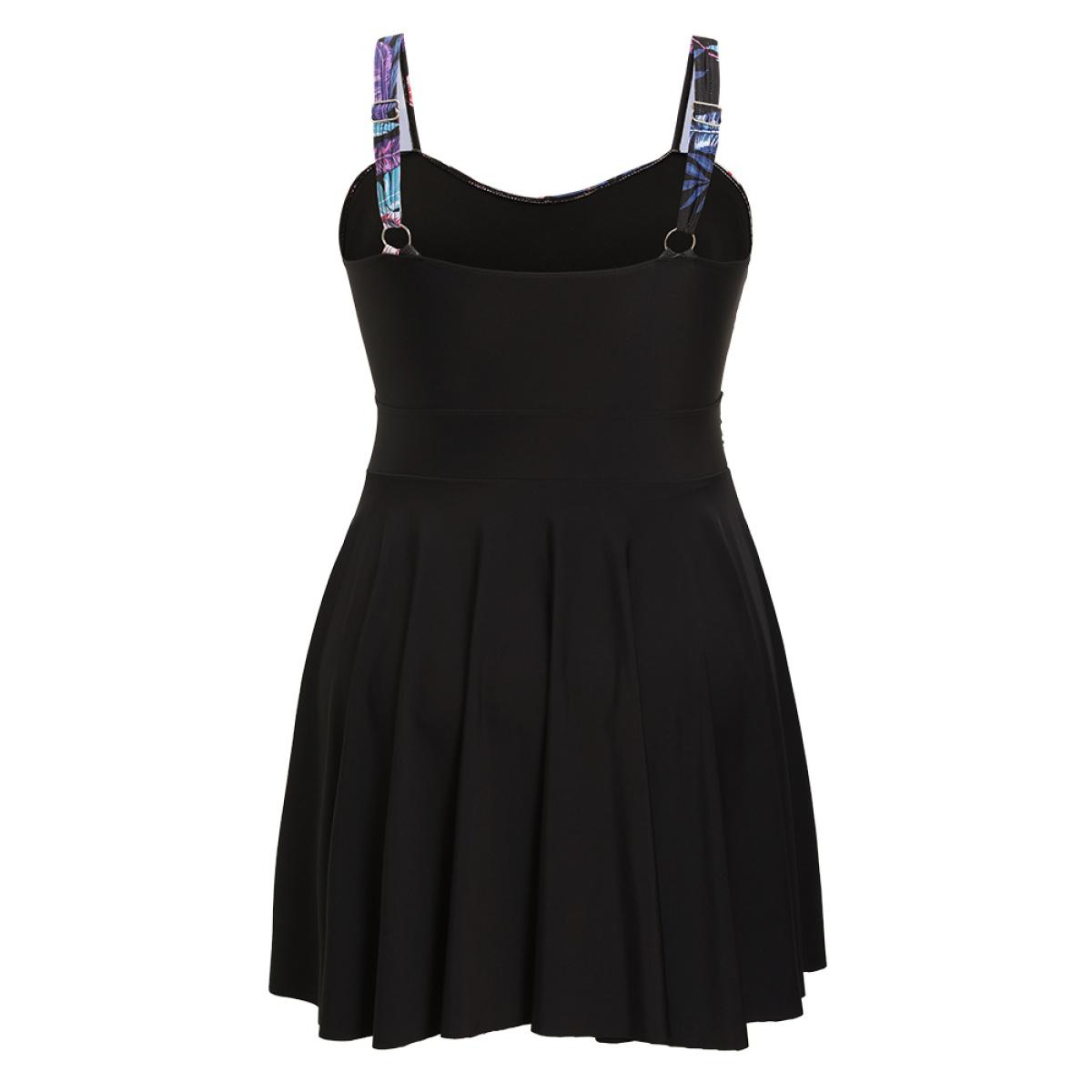 Plus Size Floral Patchwork Flutter Hem Empire Waist Swim Dress Women's Swimwear Black Vacation Bodycon Spaghetti Strap High stretch Curve Swim Dresses BloomChic 10/M Product Image