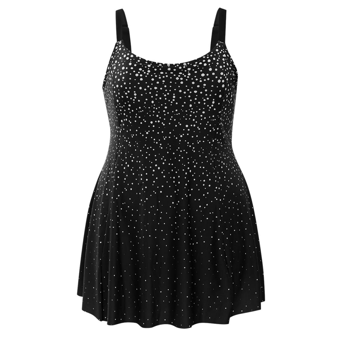 Plus Size Polka Dot Sculpt Waist A Line Swim Dress Women's Swimwear Black Vacation Bodycon High stretch Curve Swim Dresses BloomChic 26/4X Product Image