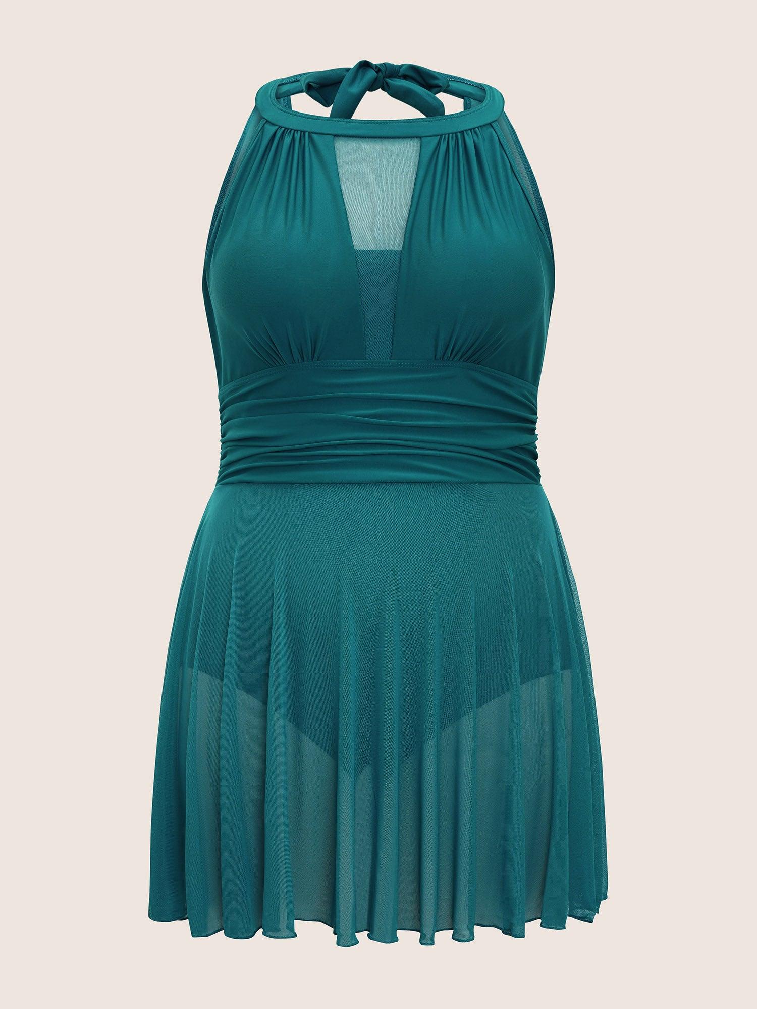 Knotted Back Mesh Insert Halter Swim Dress Female Product Image