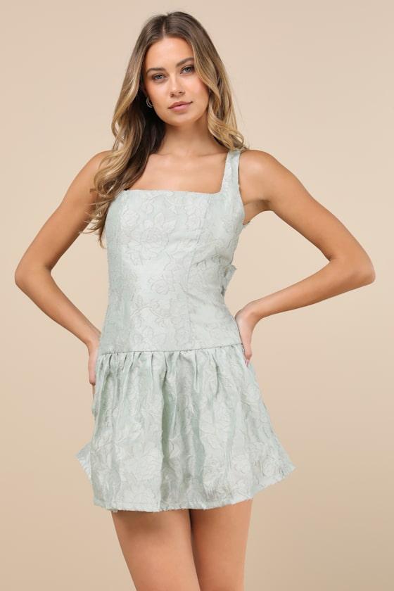Exuberant Elegance Light Mint Jacquard Drop Waist Mini Dress Product Image