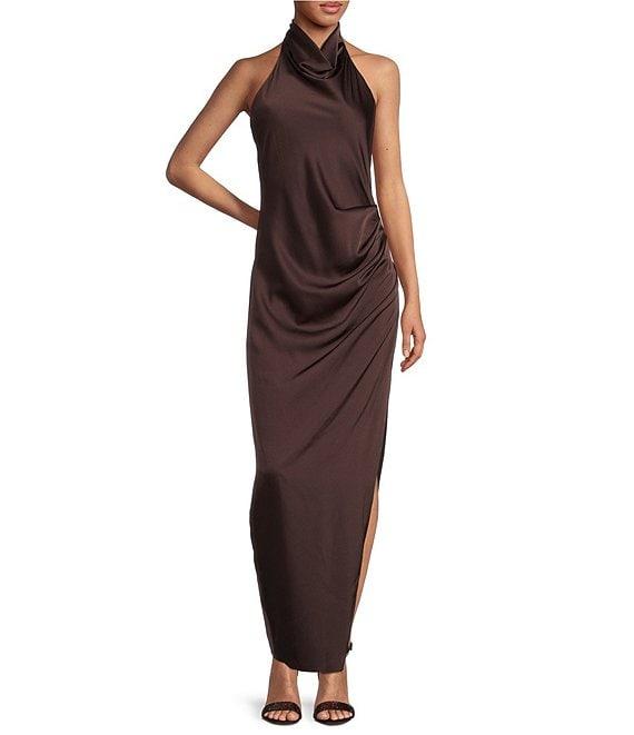 Gianni Bini Yelena Satin High Mock Neck Sleeveless Long Sheath Dress Product Image