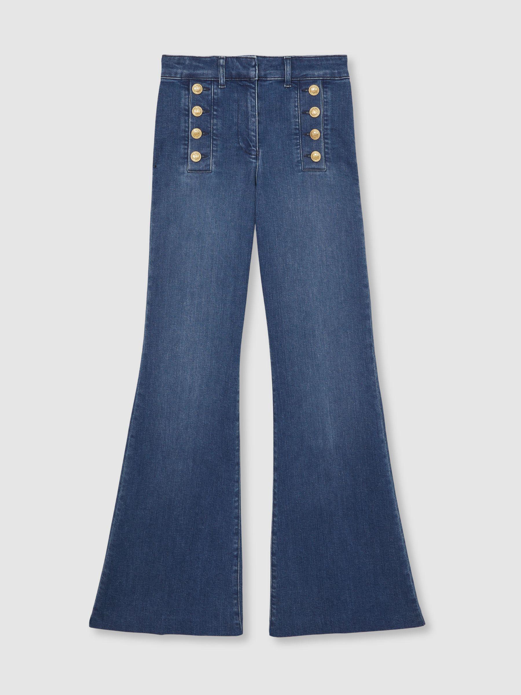 Button-Detail High-Rise Flared Jeans in Mid Blue Product Image
