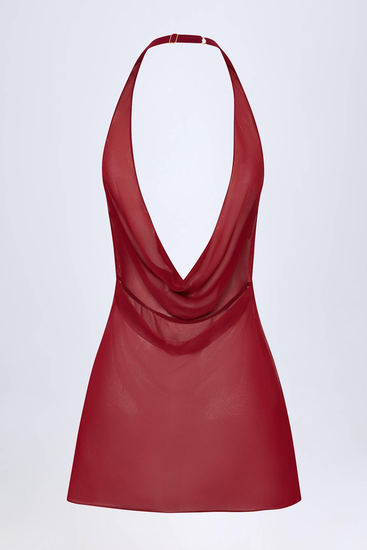 Cowl-Neck Backless Mini Dress in Dark Cherry Product Image