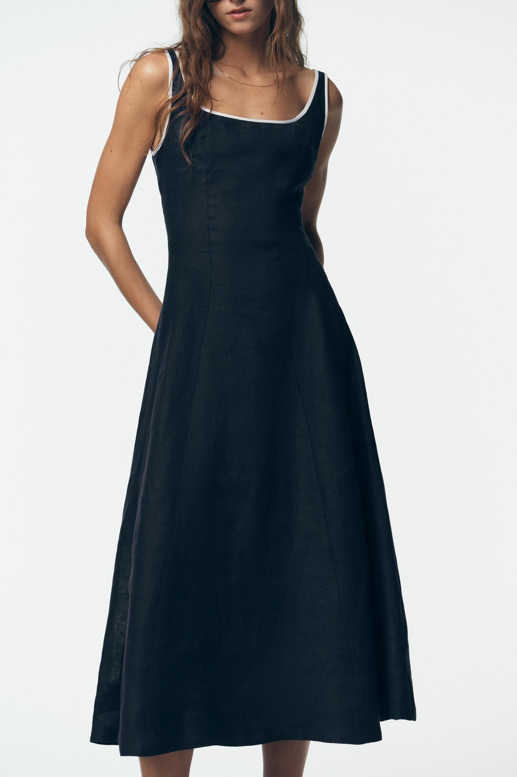 CONTRAST PIPING LINEN MIDI DRESS Product Image