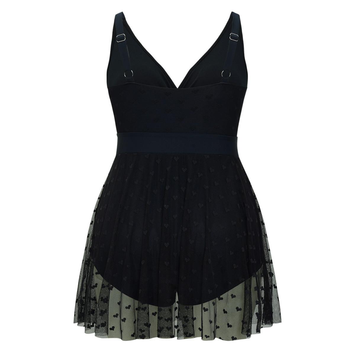 Plus Size Heart Mesh Hem Wrap Gathered Sculpt Waist Swim Dress Women's Swimwear Black Vacation Bodycon V-neck High stretch Curve Swim Dresses BloomChic 10/M Product Image