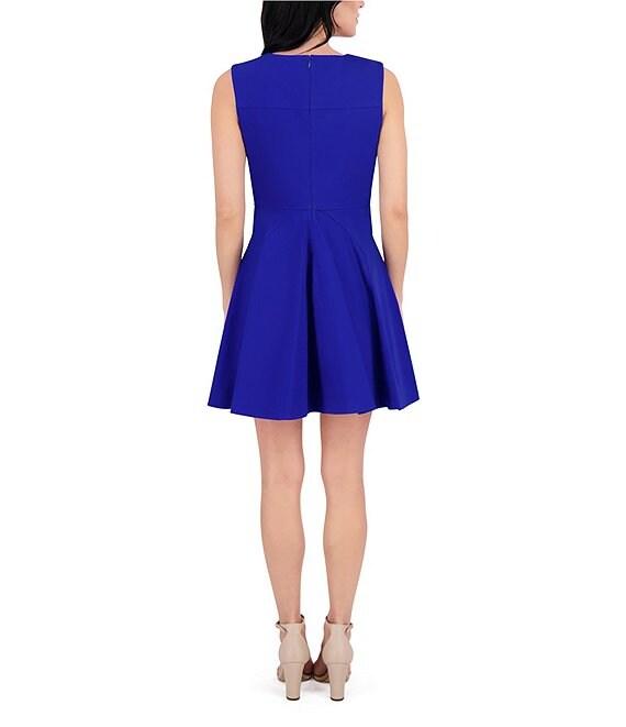 Kensie Round Neck Sleeveless Floral Hardware Stretch Denim A-Line Mini Dress Product Image