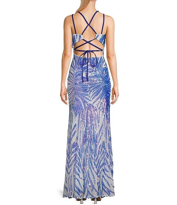 Morgan & Co. Pattern Sequin Cage Back Long Dress Product Image