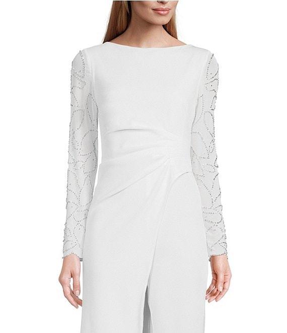Marina Stretch Crepe Long Beaded Sleeve Round Neck Walk Thru Jumpsuit Product Image