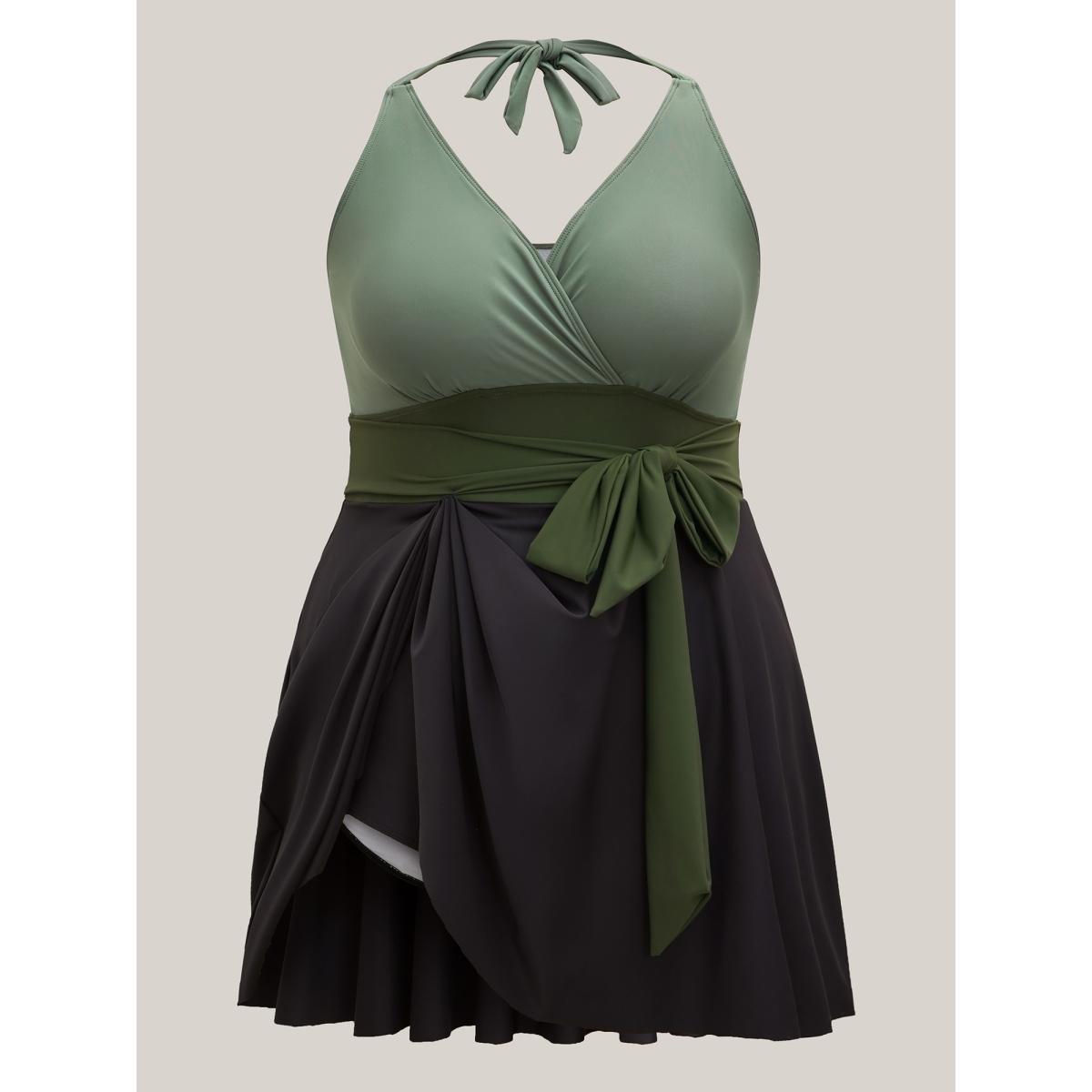 Plus Size Color-Block Panelled Waist-Tie Swim Dress Women's Swimwear ArmyGreen Beach Bodycon Overlap Collar High stretch Curve Swim Dresses BloomChic 18-20/2X Product Image
