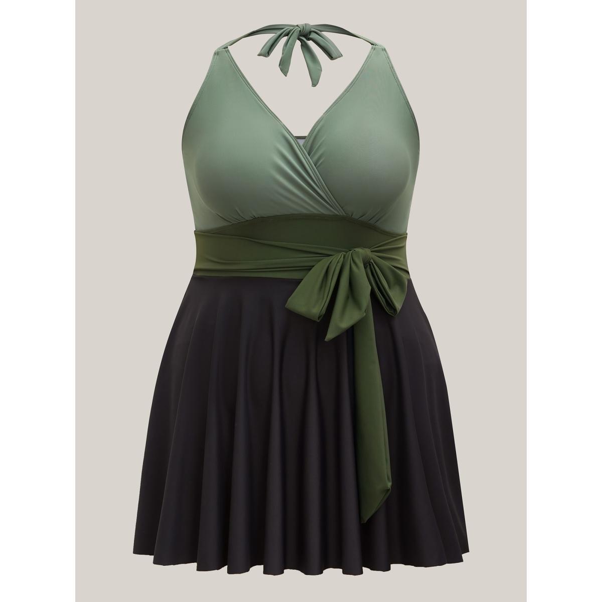 Plus Size Color-Block Panelled Waist-Tie Swim Dress Women's Swimwear ArmyGreen Beach Bodycon Overlap Collar High stretch Curve Swim Dresses BloomChic 18-20/2X Product Image