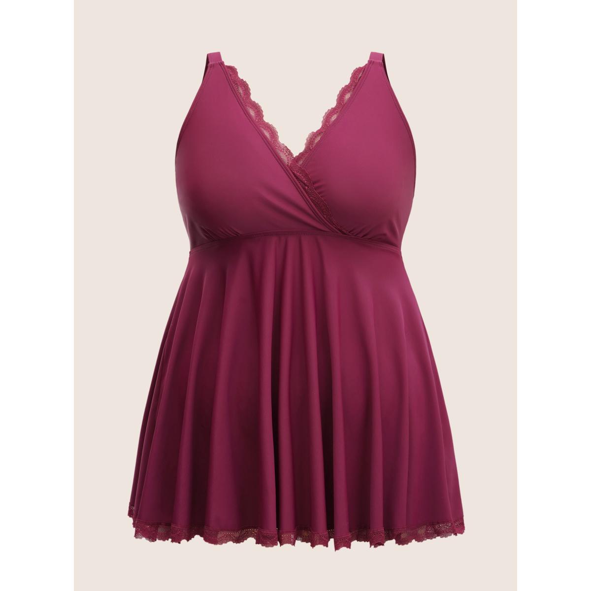 Plus Size Lace Panel Gathered Adjustable Straps Swim Top Women's Swimwear Burgundy Beach Non High stretch Bodycon V-neck Curve Swim Tops BloomChic 18-20/2X Product Image