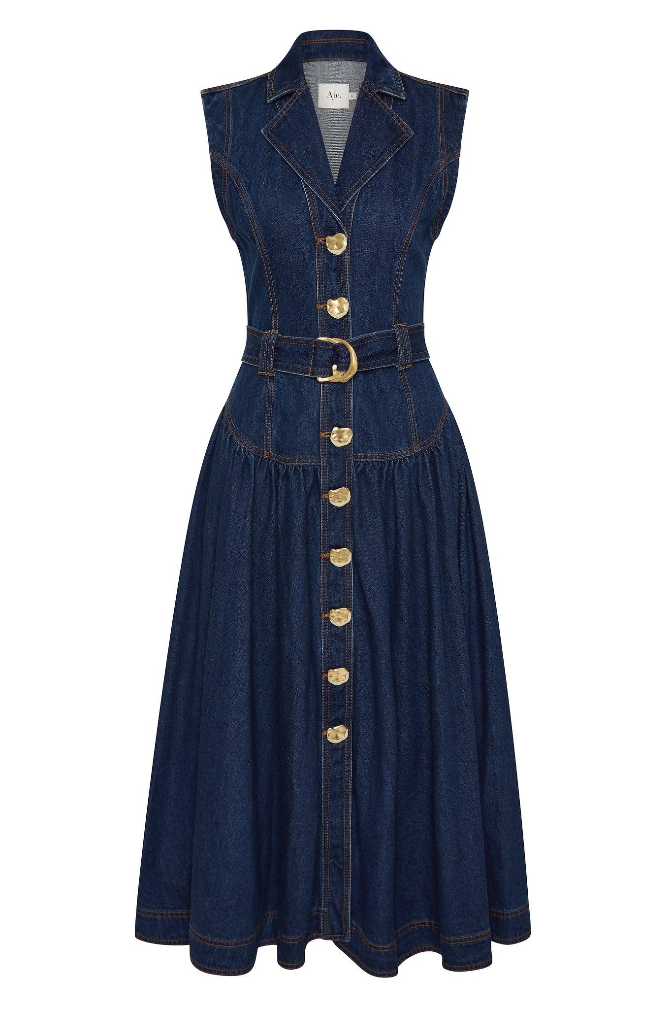 Elena Belted Denim Midi Dress Product Image