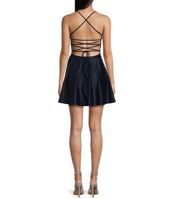 Honey and Rosie Glitter Lace-Up Back Fit & Flare Mini Dress Product Image