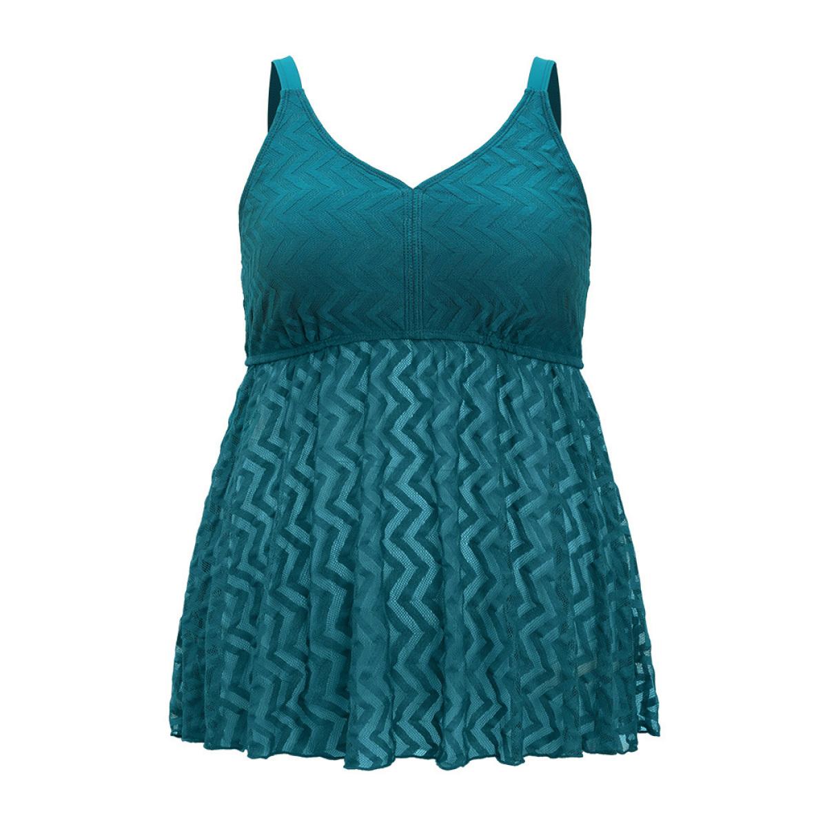 Plus Size Plain Geometric Mesh Flutter Hem V Neck Tankini Top Women's Swimwear Teal Vacation Adjustable Straps Medium stretch Bodycon V-neck Curve Swim Tops BloomChic 22-24/3X Product Image
