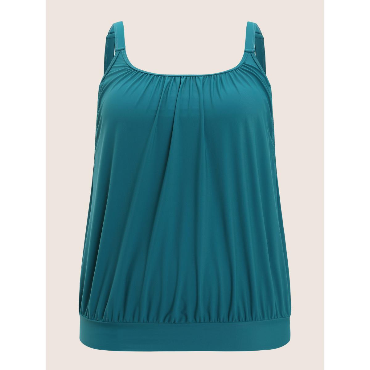 Plus Size Bandana Patchwork Contrast Gathered Cut Out Tankini Top Women's Swimwear Teal Resort Non High stretch U-neck Curve Swim Tops BloomChic 10/M Product Image