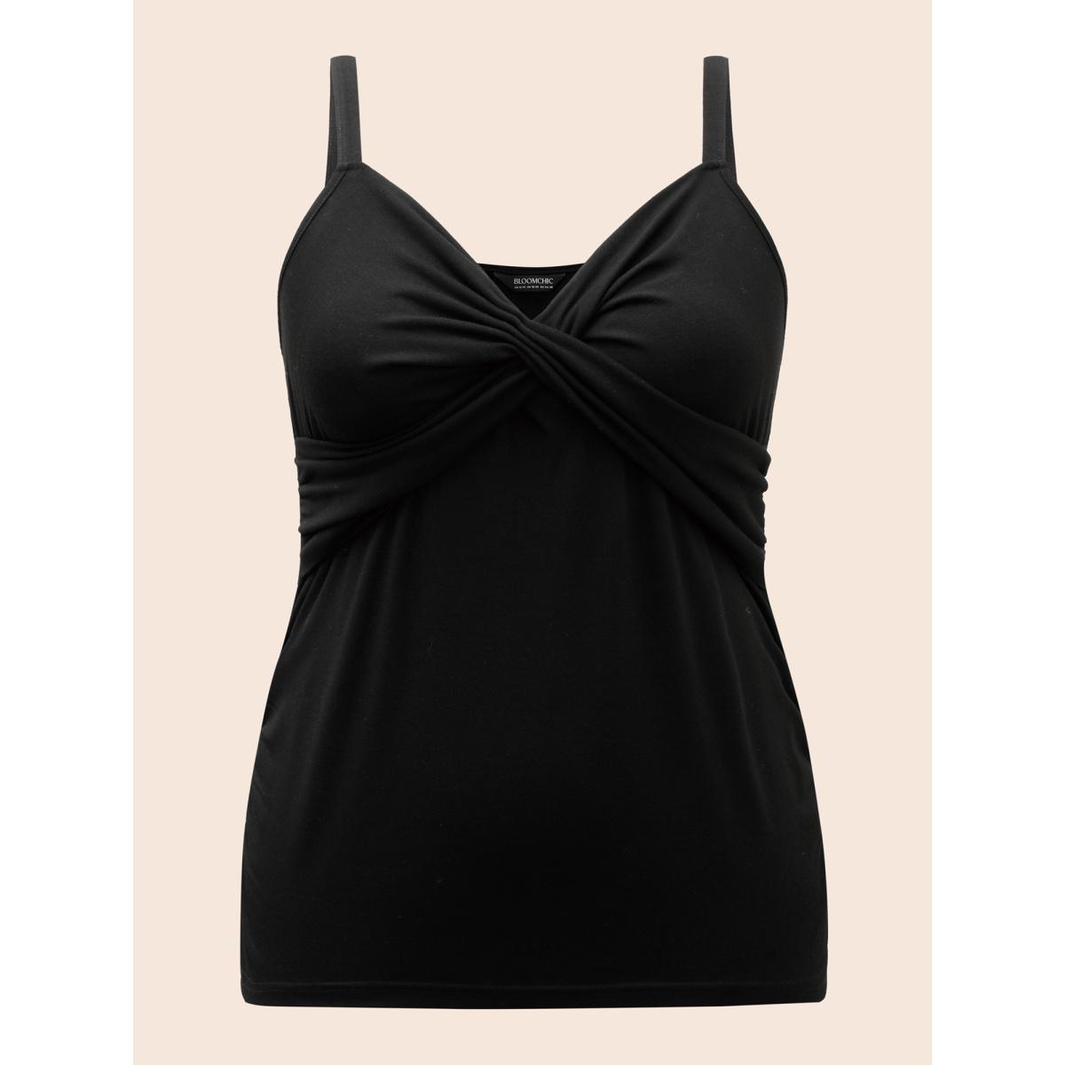 Plus Size Deep V Neck Twist Gathered Cami Top Women Black Elegant Twist Deep V-neck Everyday Tank Tops Camis BloomChic 30/6X Product Image